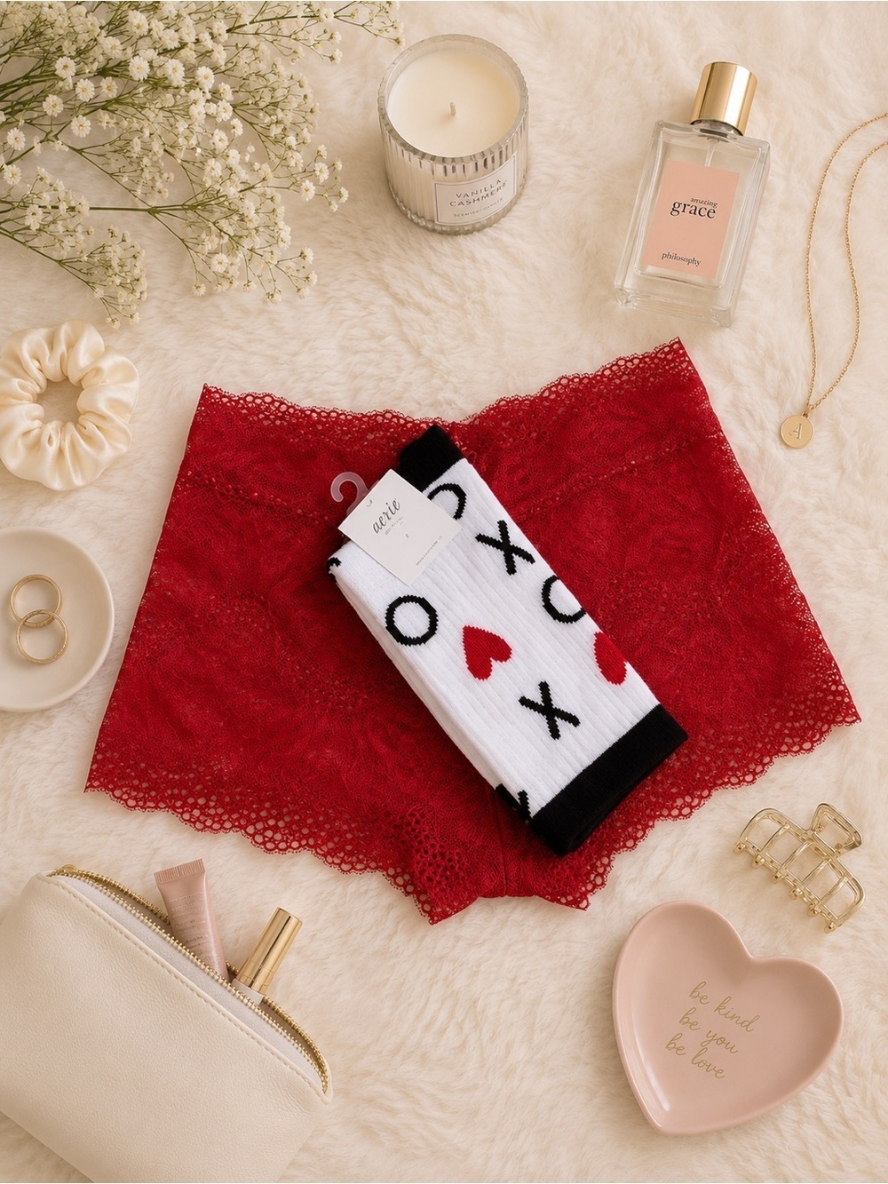 BUNDLE - BootayBag Red Flower Boyshort Panties Size Small + White XOXO Socks